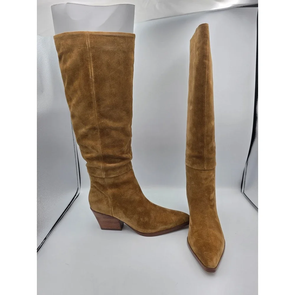 Marc Fisher Tarrie Tall Boots Womens 8 Tan Suede Pointed Toe Western Block Heel